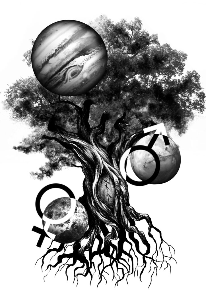 illustration arbre noir et gris planetes